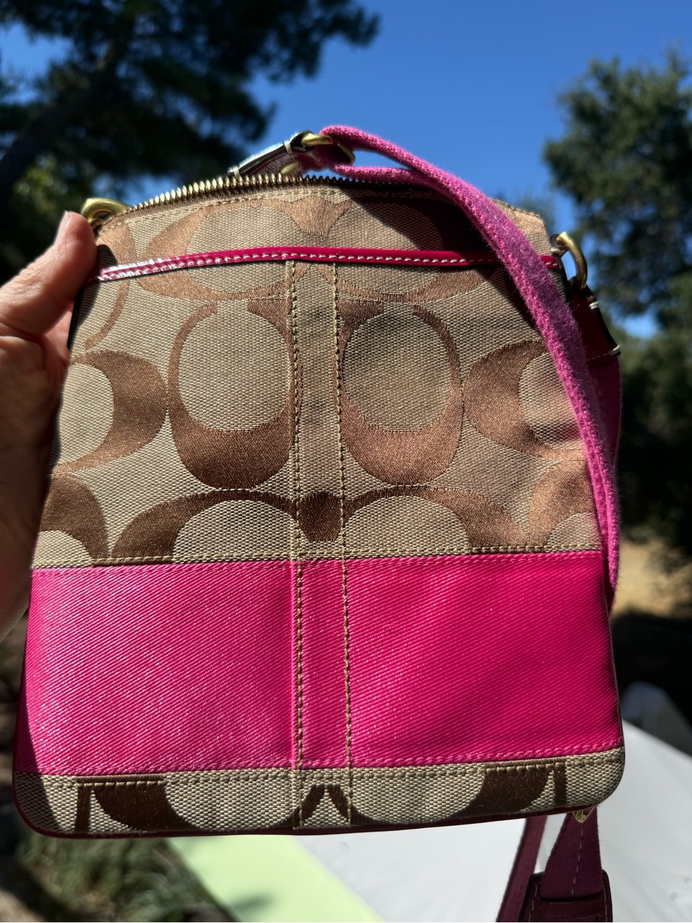 Coach Crossbody Bag #10129 khaki Tan bright Pink - Signature - Stripe Swingpack - Picture 14 of 16